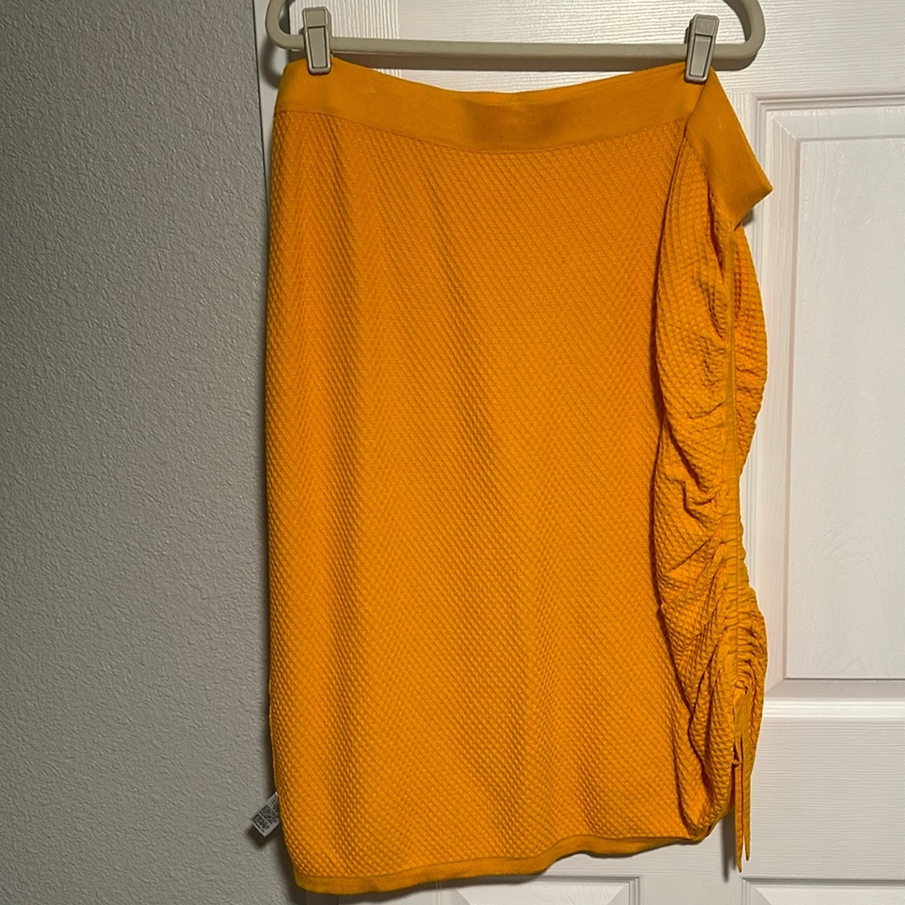 Yellow/gold, waffle texture pencil skirt w/adjustable side ruching